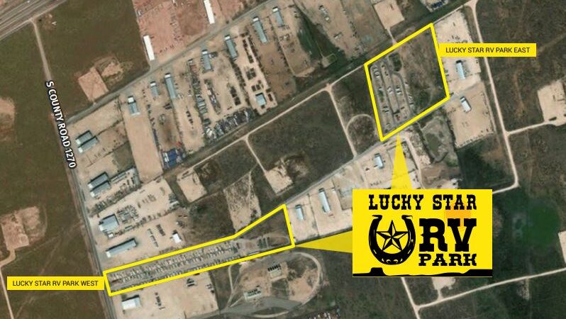 Aerial map showing Lucky Star RV Park West along S County Road 1270 and Lucky Star RV Park East to its northeast, near I-20 in Midland, TX